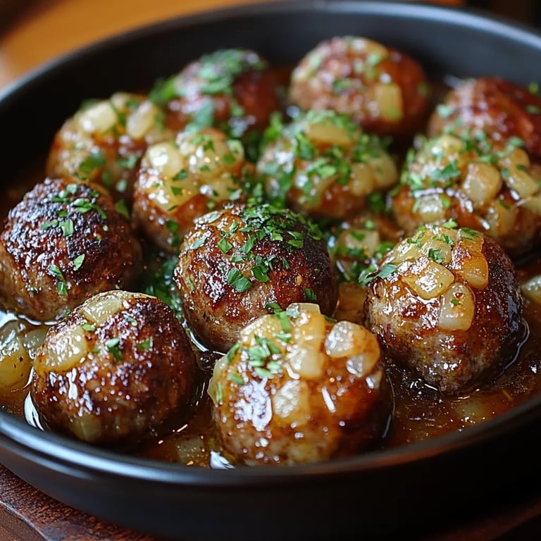 Französische Zwiebel-Fleischbällchen mit herzhafter Zwiebelsauce: Unglaublich einfaches Rezept