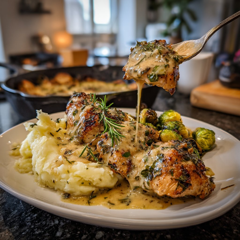Cremiges Kräuterhühnchen mit Kartoffelpüree und gerösteten Rosenkohl