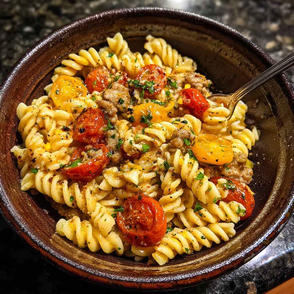 One Pot Cajun Sausage Pasta mit gerösteten Kirschtomaten