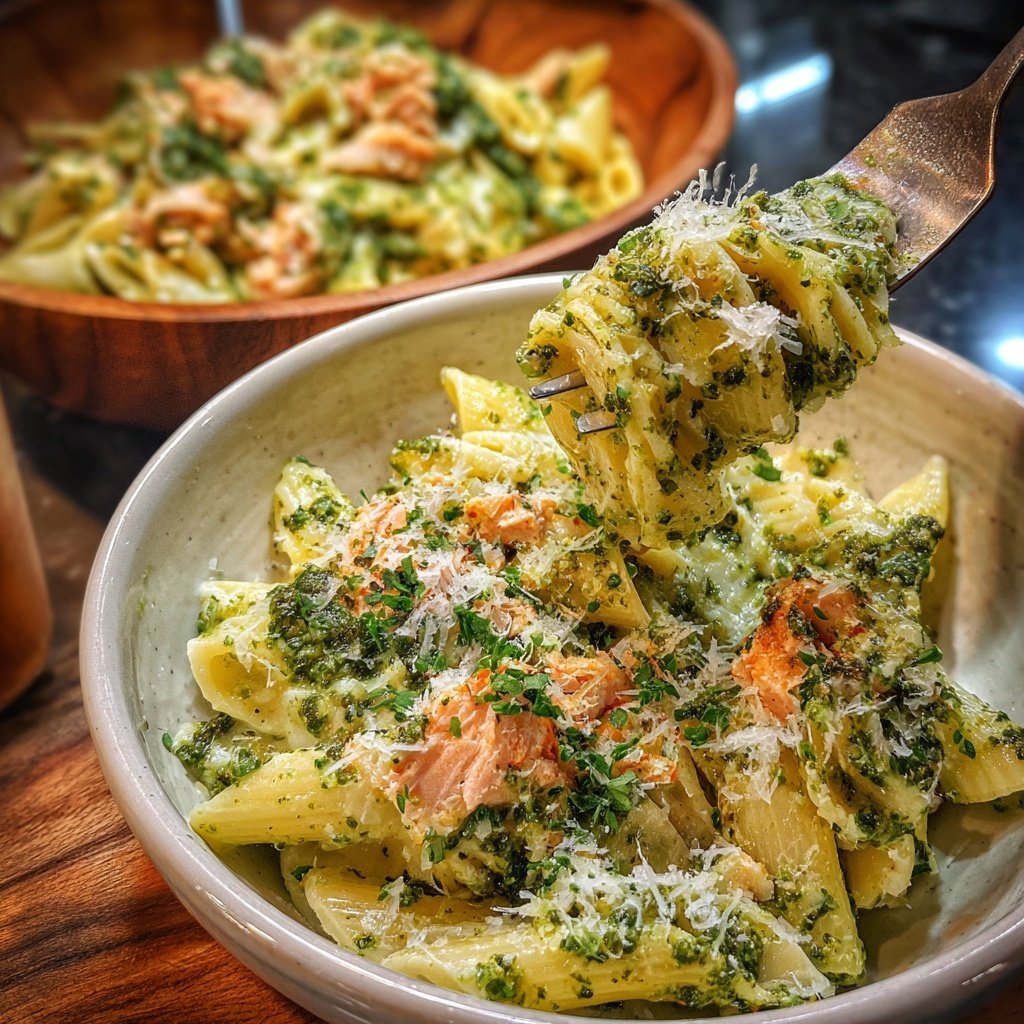 Lachs Pasta mit Spinat Pesto