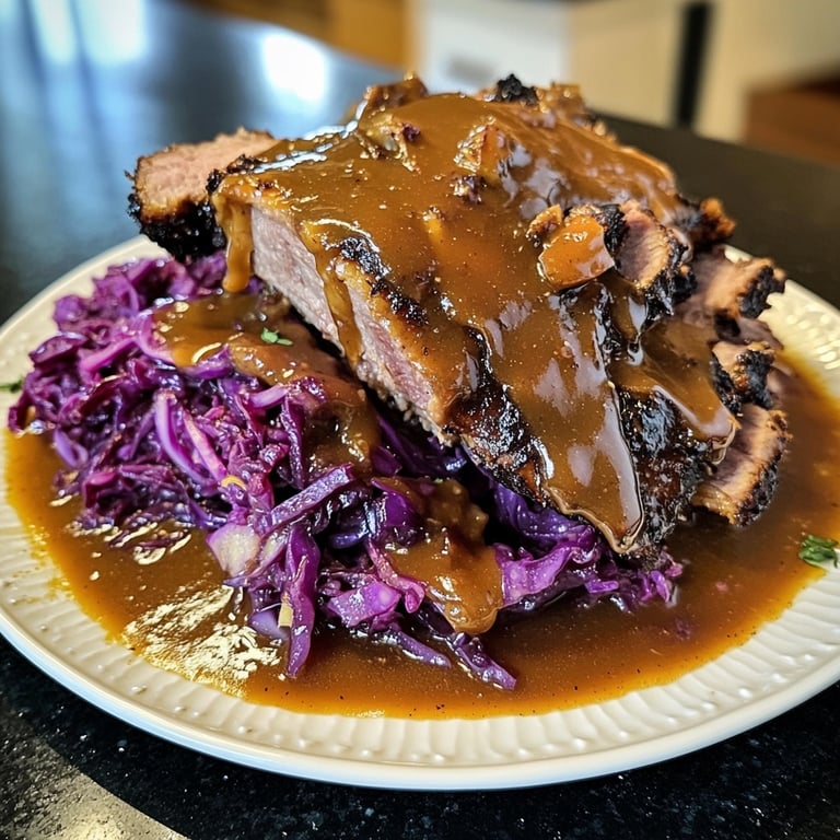 Deftiger Hausmannskost-Rinderbraten mit Rotkohl