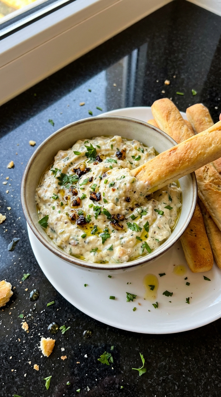 Knoblauch Kräuter Aioli mit Brotstangen